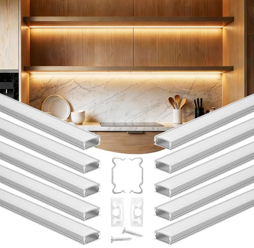 VEVOR Set di Profili per Strisce LED in Alluminio 10 pz a Forma di U Lunghezza 1 m, Confezione 10 Canali per Luci LED Sottopensile da Cucina Illuminazione con Diffusore Bianco, Canali Protezione Luci
