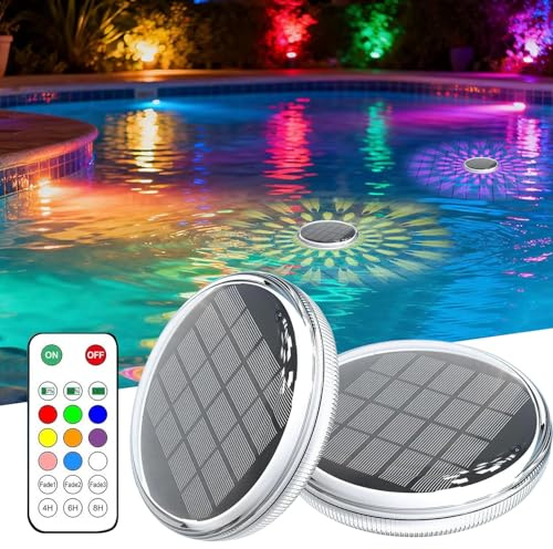 Calenxy 2 Stück Poolbeleuchtung Unterwasser Solar, Teichbeleuchtung mit 12 Farbmodi & Timer, Schwimmende Poolbeleuchtung mit Fernbedienung, IPX7 Wasserdicht Solar Pool Licht für Whirlpool, Schwimmbad