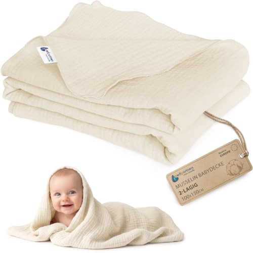 Medi Partners Musselin Babydecke 100x150cm Baby Decke Musselindecke Neugeborenen - dünne dünne Kuscheldecke Sommer Babydecken für Kleinkinder Krabbeldecke Kinderbett Kinderwagen (Beige)