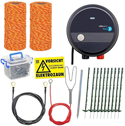 VOSS.farming Hundezaun Komplettset 200m Elektrozaun, ideal für Einzäunungen in Ihrem Garten, mit umfangreichem Zubehör, anschlussfertig mit 600m Weidezaunlitze orange, 40 grüne Pfähle 105cm