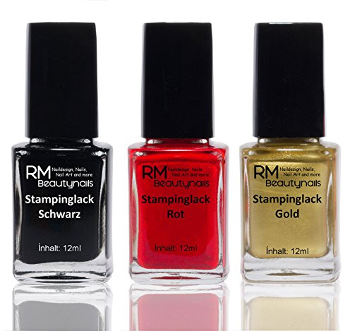 Stampinglack Set Schwarz Rot Gold Deutschland Stempellack Nail Stamping Nageldesign WM EM 3er Pack (3x 12ml)