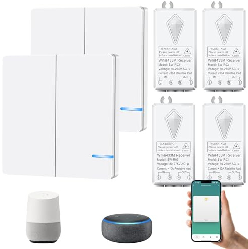 230V Smart Lichtschalter, NineLeaf WiFi Smart Funkschalter Set, Fernbedienung und Timer-Funktion mit Smart Life/Tuya APP, Verkabelung frei, Stimmenkontrolle，2 x 2-Kanal-Schalter, 4 WiFi Empfänger