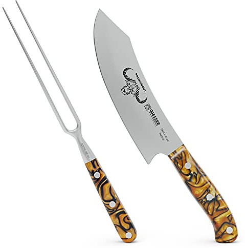 Giesser seit 1776 - Made in Germany - PremiumCut, Spicy Orange, Tranchier Set 2 teilig, Kochmesser 20 cm, Tranchiergabel, Acryl, exotisch, rostfrei, Grillmesserset