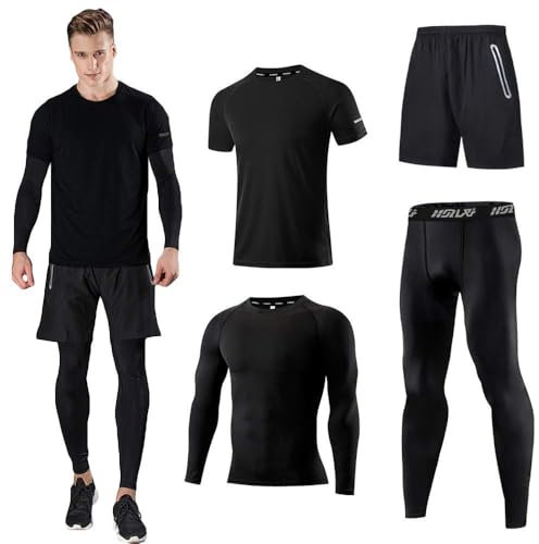 Holure Kompressionsanzug Herrenanzug Trainingsanzug 4-teiliges Herren atmungsaktives Sportswear Laufanzug Kurzarmhemd Kompressionshemden Halbhose Strumpfhose Schwarz-XL