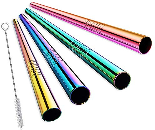 ALINK Extra Wide Metal Reusable Straws, Stainless Steel Drinking Straws 4 Set - Boba Smoothie Straws, 12mm Jumbo Bubble Tea Straws with Cleaning Brush & Carrying Case(Rainbow)