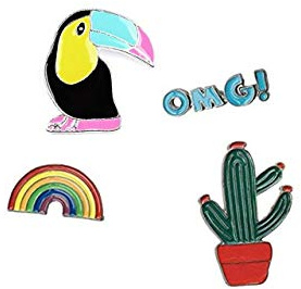 Brosche Anstecknadel Anstecker Pins 4 Stück Set Kaktus Regenbogen Tukan OMG