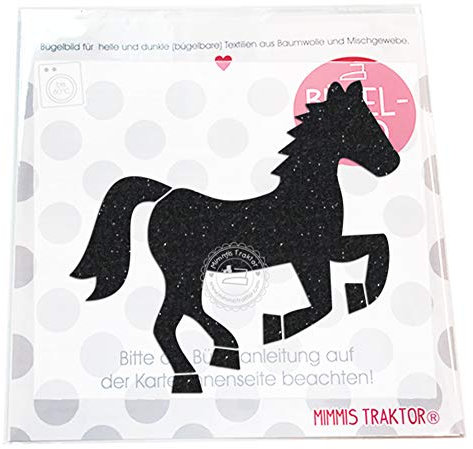 GLITZER Bügelbild Pferd 11,5 x 10,5 cm Aufbügler Applikationen Bügelsticker für Stoffe Textilien Kinder zum Aufbügeln Flicken, Farbe:Glitzer schwarz
