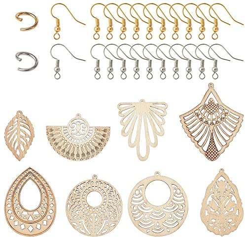 PandaHall Lot de 48 pendentifs tibétains en bois avec 48 anneaux ouverts et 48 crochets pour la fabrication de bijoux