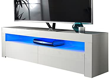 White TV Unit with LED Lights, 155cm TV Stand Cabinet for Up to 65 TVs, Living Room Furniture with Storage Cupboards and Soundbar Shelf, TV Units for Living Room