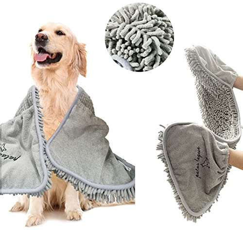 Patas Lague Absorbent Dog Towel for Drying Dogs Large, 35''x15'' Extra Large Microfiber Quick Drying Pet Bath Towel with Hand Pockets, Machine Washable Pet Shammy Grey