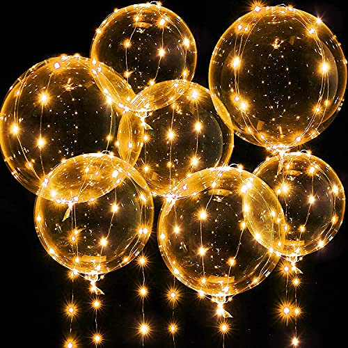 Ballons Illuminés, 7 Paquets de 20 Pouces Ballons Bobo de Saint-Valentin avec Guirlandes Lumineuses à LED de 10 ft pour Saint-Valentin Mariage Noël un Anniversaire (Blanc Chaud)
