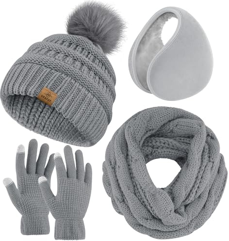 URATOT Winter Warm Sets Knitted Scarf Beanie Pompom Hat Touch Screen Gloves and Winter Ear Warmer Set for Men or Women