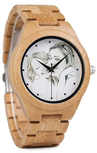 YCYR Personalisierte Maßgeschneiderte Holzuhr Für Männer Gravierte Foto-Naturholzuhren Mit Verstellbarem Armband Für Geburtstagsgeschenk Für Ehemann, Vater, Sohn Oder Freund
