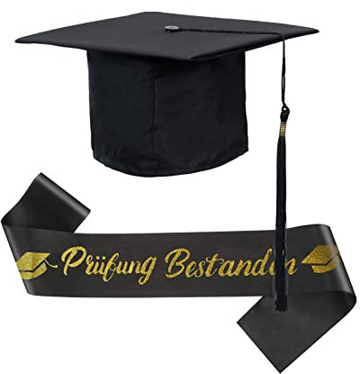 SUNYOK Prüfung Bestanden Schärpe mit Absolventenhut 2024 Graduation Deko Set Schwarz Gold Abschluss Hut & Schärpe ABI Geschenk für Abitur Doktor Bachelor Master Abschlussfeier