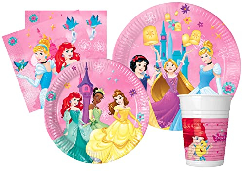 Kit Party Tavola Disney Princess Live Your Story per 24 persone (112 pezzi: 24 piatti Ø23cm, 24 piatti Ø20cm, 24 bicchieri 200ml, 40 tovaglioli 33x33cm)