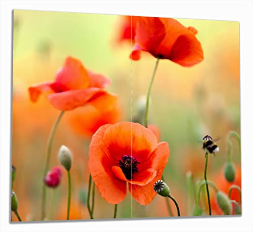 Wallario Herdabdeckplatte aus Glas, 2-teilig, 60x52cm, für Ceran- und Induktionsherde - Motiv: Mohnblumenblüten