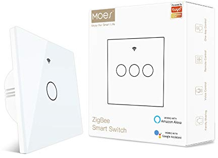 MOES Smart Switch, Benötigt Tuya ZigBee Hub, Kein Neutralleiter erforderlich, Kein Kondensator, Kompatibel mit Smart Life Tuya App Alexa Google Home, 1 Gang, Weiß | Kein Neutralleiter nötig, Kein Kondensator, ZigBee Hub erforderlich, Smart Life/Tuya, Alexa & Google, Unterputz 1 Fach