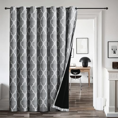 Beauoop 100% Blackout Curtains 96 Inches Long for Patio Sliding Door Grey Extra Wide Moroccan Geo Room Darkening Gray Thermal Soundproof Room Divider Grommet Window Treatment Drapes,100x96 Set of 1