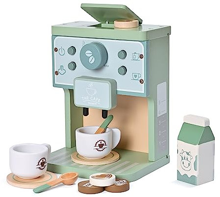 Donmills Kids Wooden Toys Toddler Pretend Play Kitchen Accessories Green Coffee Maker Espresso Machine Playset Montessori Kitchen Toy Gift for Girls and Boys