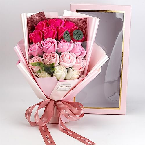 JUNYFFF 18 Stück Rosenstrauß Rosenblumenstrauß Ewige Blume Künstlicher DIY Handgemachte Seife Rose Blume Duft Seife Für Freundin, Muttertag, Geburtstag, Hochzeitstag,Rosa
