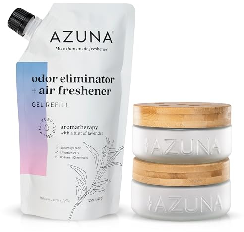 Azuna Air Freshener & Odor Eliminator for Strong Odor | 2 Room Kit Includes (2) 8 oz. Empty Luxe Glass Jars & 12 oz | Refill with Tea Tree Essential Oil Gel | Aromatherapy | Last 60-90 Days