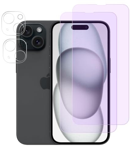 FiiMoo Vetro Temperato per iPhone 15, Pellicola Protettiva, Anti Luce Blu Pellicola Protettiva + Pellicola Protettiva Fotocamera [2+2 Pezzi] [Protezione degli Occhi] [Anti Bluelight]