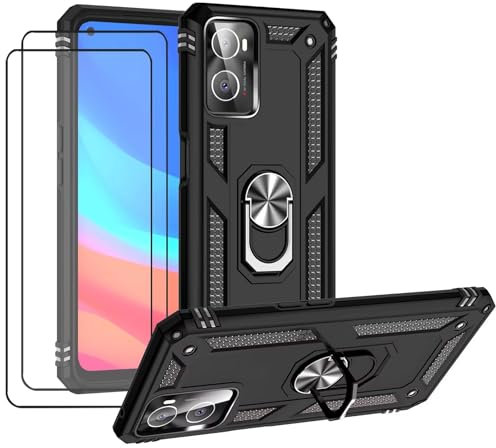 CLYDITE Hülle für Realme 9i / Oppo A96 / Oppo A76 Schwarz handyHülle mit Schutzglas Panzerfolie (2er) 360 Grad RingHalter Ständer Armor Silikon Schutzhülle Cover Case