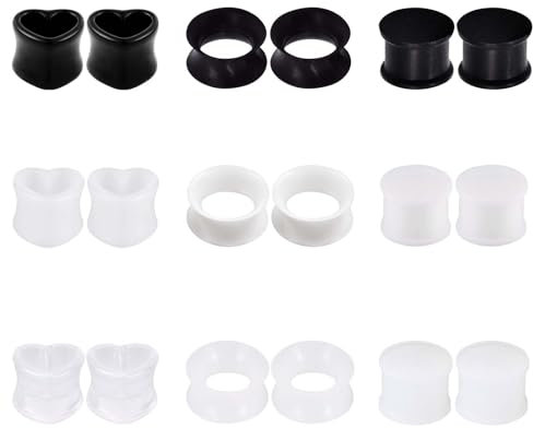 Longbeauty 9 Paar Silikon Ohr Plugs Flesh Tunnels Dehner Piercing Schmuck Reine Farbe Double Flared Flexibel Expander Hart Weich Herz Schwarz Weiß, 12MM