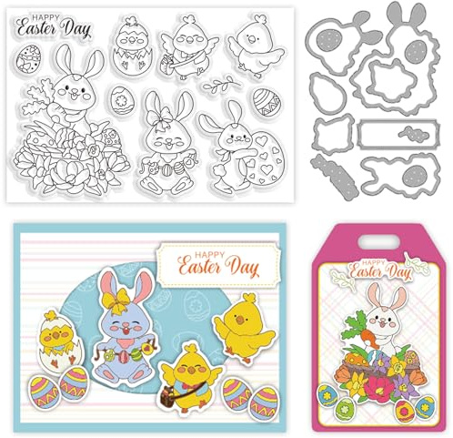 ORIGACH Osterhase Küken und Eier klare Stempel und Stanzformen Set für die Kartenherstellung Frohe Ostern Silikon Silikonstempel Stanzen stirbt für DIY Scrapbooking Handwerk Osterkarte dekorative