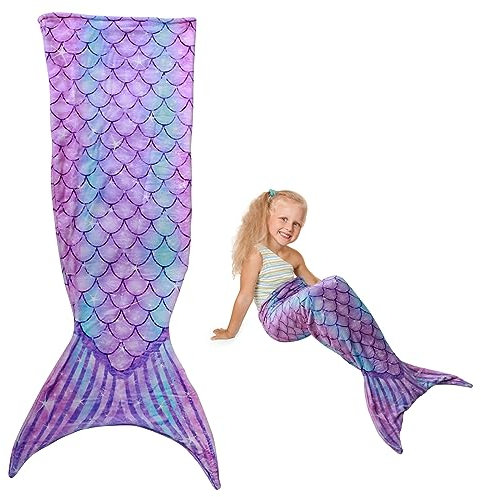 Dandelionsky Blanket Little Mermaid Wearable Flannel Sleeping Fish Scale Pattern Snuggle Gift for Girls, Toddlers, Teens (Purple)
