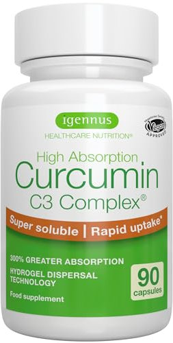 Kurkuma Extrakt ohne Pfeffer, 210g Curcuminoide Äq. zu 8,82g Kurkumawurzel per Kapsel, Curcumin C3 Kapseln mit 300% höherer Absorption, hypoallergen und vegan, 90 Kapsel, von Igennus