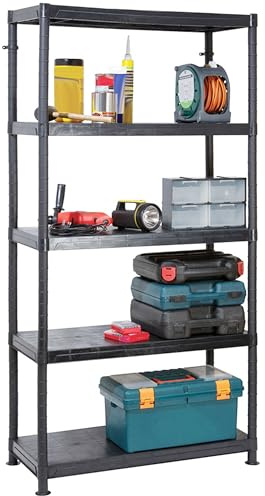 SIDSONS - 5 Tier Plastic Black Shelving Storage Unit - Free Standing Racks - Each Shelf Can Hold Up to 25kg - Heavy Duty Organizer Rack for Home & Office - (1x, Black - 5 Tier Shelf)
