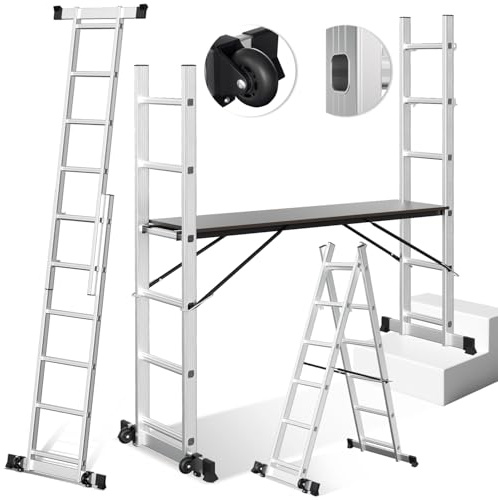 Daromigo Escalera multiusos 4 x 4, 4 en 1 de aluminio, escalera plegable, andamio móvil, escalera, plataforma de trabajo, escalera multifunción, carga máxima 150 kg, color plateado