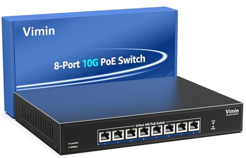 Switch PoE 10G a 8 Porte Non Gestito, VIMIN Switch Power Over Ethernet 10Gbps Supporta IEEE802.3 af/at, per Rete NAS 10G, Plug & Play, Capacità di Commutazione di 160Gbps, Montaggio su Desktop e Rack