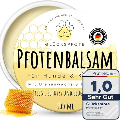 GLÜCKSPFOTE ®Pfotenbalsam 100ml für Hund Katze [Testsieger] | Verbesserte Rezeptur - mehr Bienenwachs - gegen trockene rissige Pfoten | Pfotenpflege als Pfotenschutz f. Sommer Winter f. Hunde Katzen