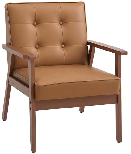 HOMCOM Sessel, PU-Leder-Akzentstuhl, gelegentlicher Stuhl mit Gummiholzrahmen für Wohnzimmer, Empfang, Schlafzimmer, Balkon, Braun