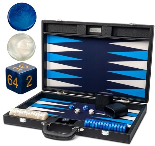 Pointworks 19 Inch Premium Backgammon Sets for Adults Leather Black - Blue. Premium 1.6 Inch Checkers & Dice Set, Travel Backgammon Set, Large, Backgammon Board Game, Backgammon Game Set