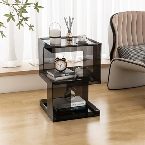 XMLYSMYS Acryl-Beistelltisch mit Stauraum, Wohnzimmertisch, 3-stufiger Telefontisch für Kleine Räume, Nachttisch fürs Schlafzimmer(Black)