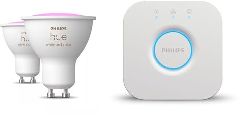 Philips Hue White and Color Ambiance, lot de 2 ampoules connectées GU10, compatible Bluetooth + pont de connexion, fonctionne avec Alexa, Google Assistant et Apple Homekit