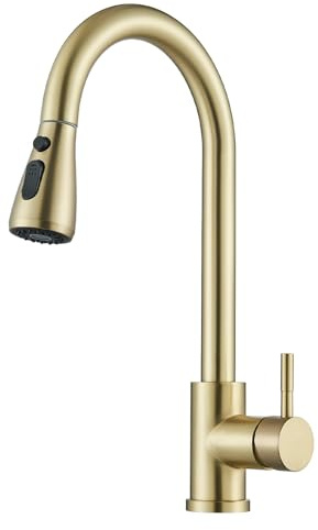 Solid HARNART Gold Taps，Stainless Steel Sink Kitchen Mixer taps with Pull Out Spray Hose 1 Hole,360° Swivel Kitchen Mixer Tap with 3-Mode Sprayer