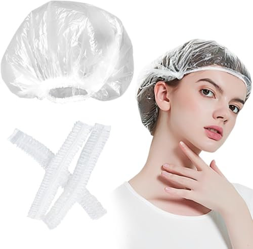 FENQURO 100 Stück duschhaube, shower cap, duschhauben, Einweg Duschhaube, Kunststoff Duschkappe, Haarschutz Haarhaube für Salon, Spa, Reise, Hotel, Dusche, Braids Durchsichtig