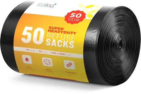 EcoBag – Extra starka och kraftiga avfallspåsar – återvinningsbara sopsäckar, läckagesäker, miljövänliga, hållbara avfallshanteringspåsar för hushåll och kommersiellt bruk, 35 mikron (µm) / 50 l