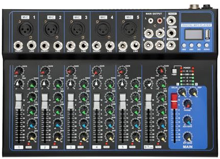 Donened - Mixer audio Bluetooth a 7 canali, mixer DJ Live Studio con console di miscelazione audio USB, 6 modalità di musica, audio DJ mixer soundboard, per TV domestica, spettacoli musicali, studi di