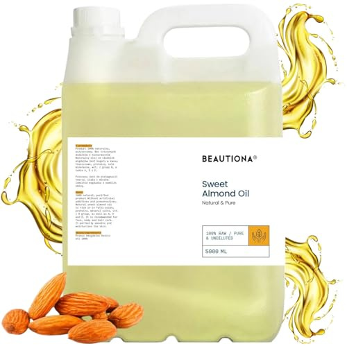 Olio di mandorle spremuto a freddo, 5 litri, olio naturale per la cura e il massaggio per pelle, capelli e unghie, ricco di vitamine, vegano, delicato sulla pelle e versatile