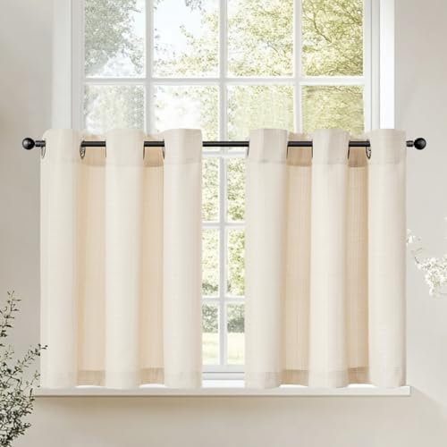 TOPICK Tende con Occhielli Tenda Passante per Bistrot Porta Finestra Balcone Stile Country Roulotte 2 Pezzi Corte con Filtro Luce Soggiorno o Doccia tenda per Interni 96L x 60A cm, Beige