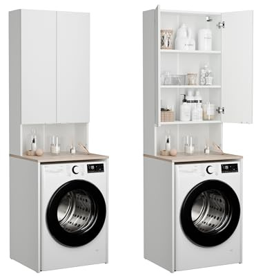 PLATAN ROOM Waschmaschinenschrank Badezimmer Hochschrank Überbauschrank für Waschmaschine und Wäschetrockner 210 x 66 x 56/25 cm weiß (Weiß Matt/Sonoma Eiche, 56 cm tief)