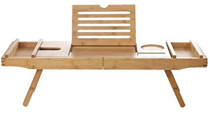 YYLIVING Bandeja para bañera y Escritorio para computadora portátil 2 en 1, Estante de Almacenamiento Multifuncional de bambú con pie de Soporte Ajustable, Soporte para Libros Incorporado,