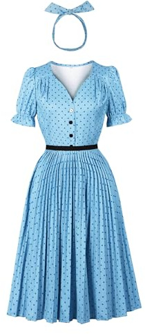 Wellwits Women's Ruffle Puff Sleeves Vintage Dress | Polka Dots,Pleated,Non-stretchy Fabric,with Matching Headband