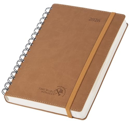 POPRUN Kalender 2026 Tagesplaner Softcover 21,5 x 14,5 cm (Jan.2026-Dez.2026), Tageskalender Ringbuch 1 Tag 1 Seite (Montag - Sonntag) mit PU-Leder, Monatliche Registerkarten - Braun
