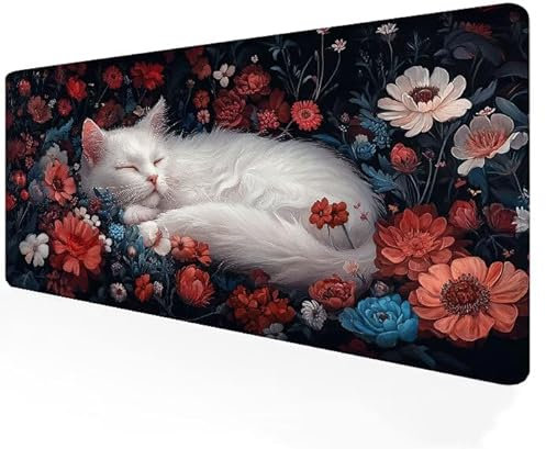 Mouse Pad White 700x400x3mm Extended Large XXL Mouse Mat, Cat Mousepad with Non-Slip Rubber Base, Waterproof Gaming Keyboard Pads for Computers Laptop Office Desk Accessories for Home, Gifts G1-796